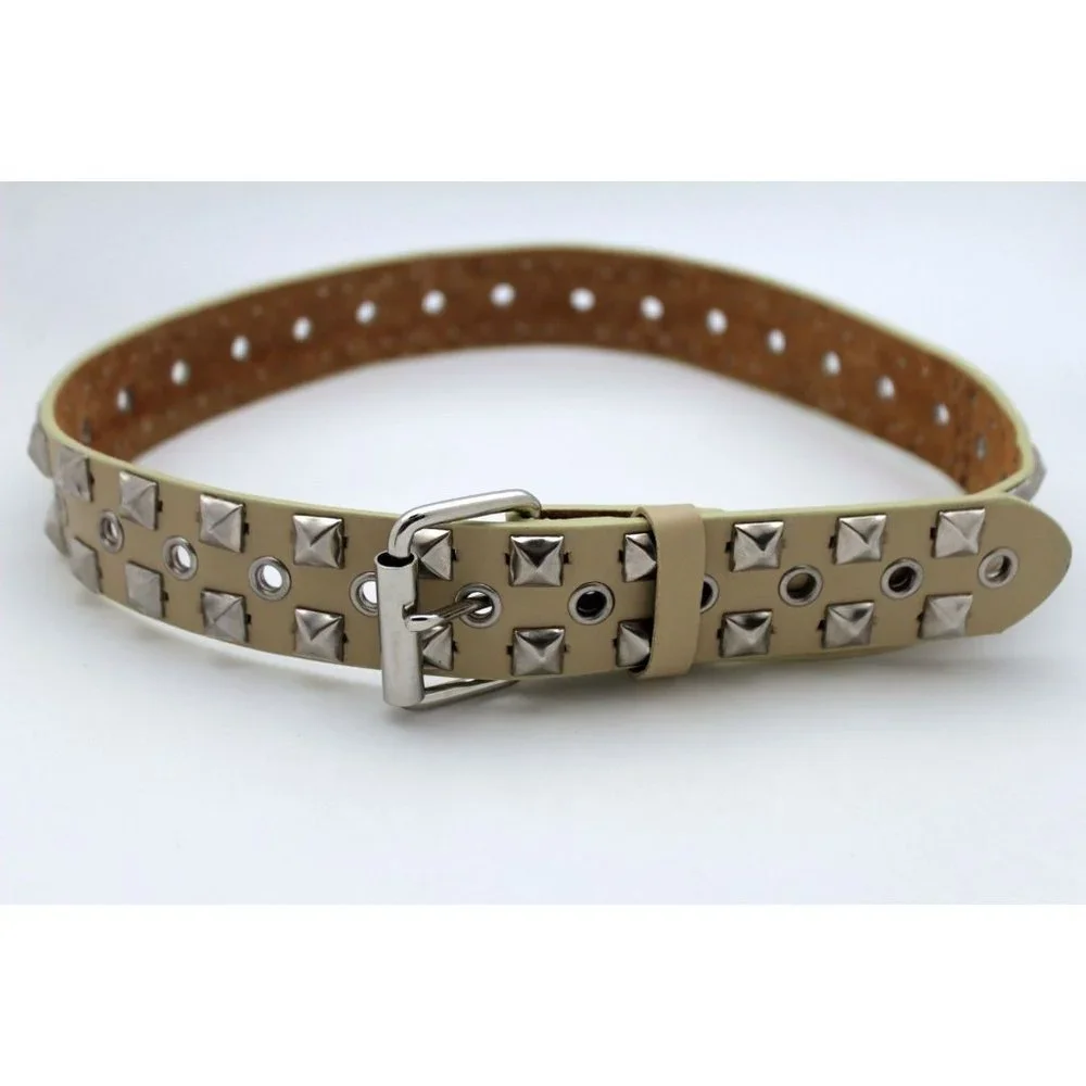 New Women Men Fashion Belt Beige Faux Leather Silver Metal Studs Size S M L XL - Picture 3 of 17